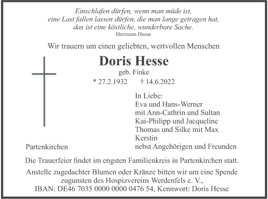 Traueranzeige von Doris Hesse von merkurtz