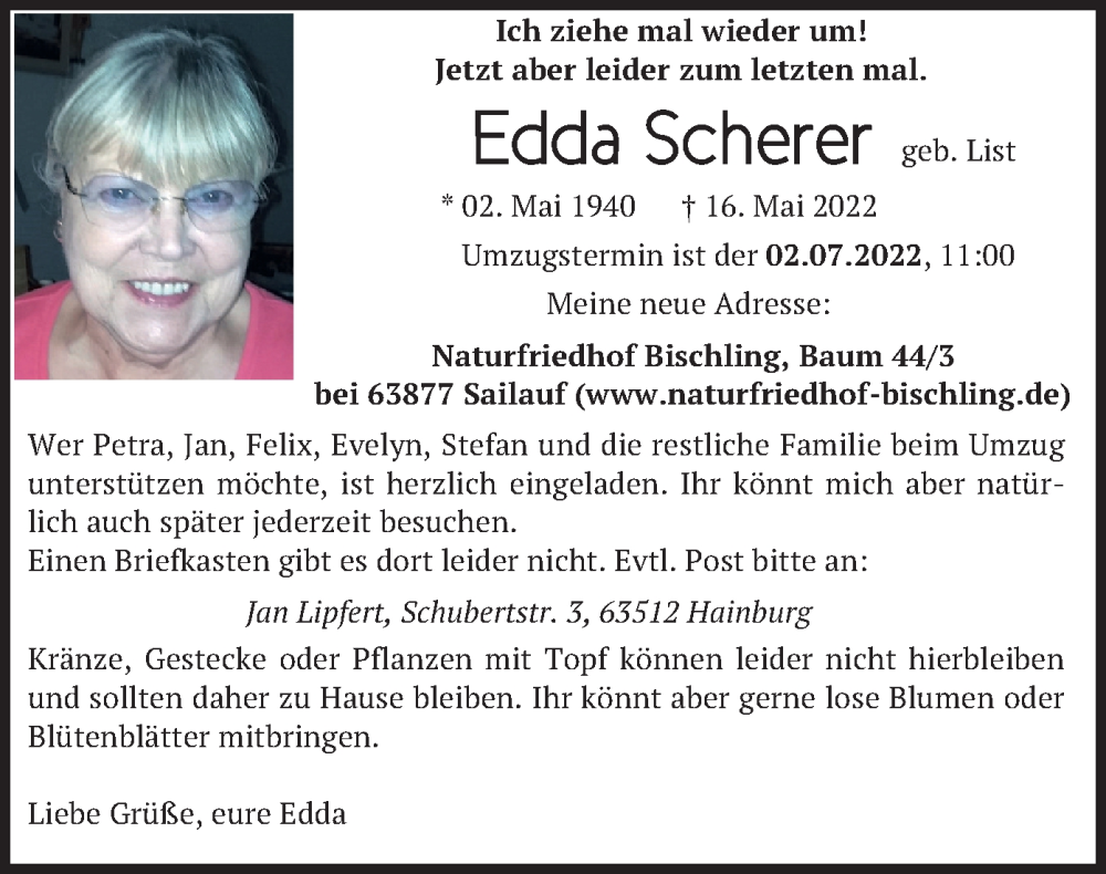  Traueranzeige für Edda Scherer vom 28.06.2022 aus merkurtz