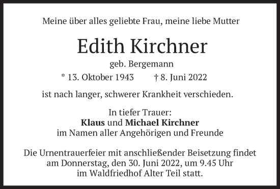 Traueranzeige von Edith Kirchner von merkurtz