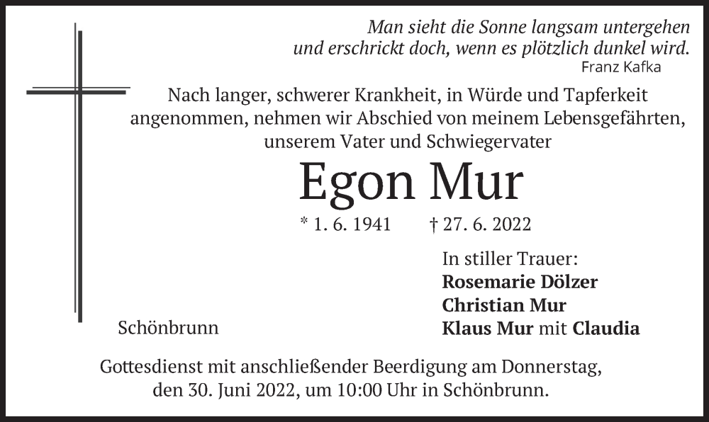  Traueranzeige für Egon Mur vom 29.06.2022 aus merkurtz