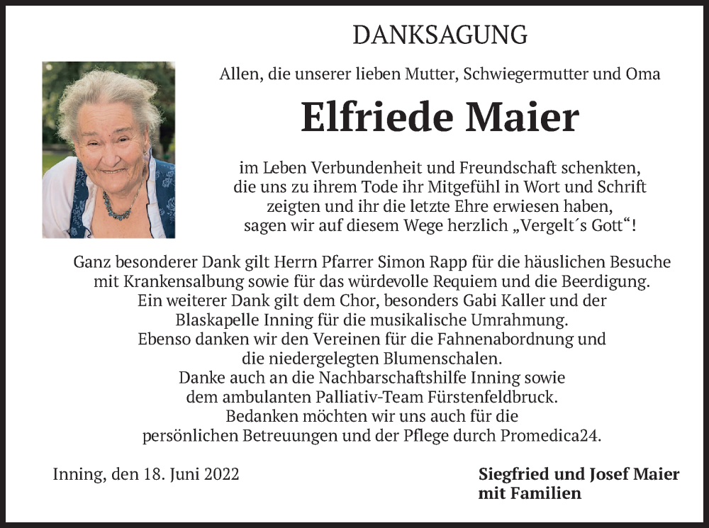  Traueranzeige für Elfriede Maier vom 18.06.2022 aus merkurtz