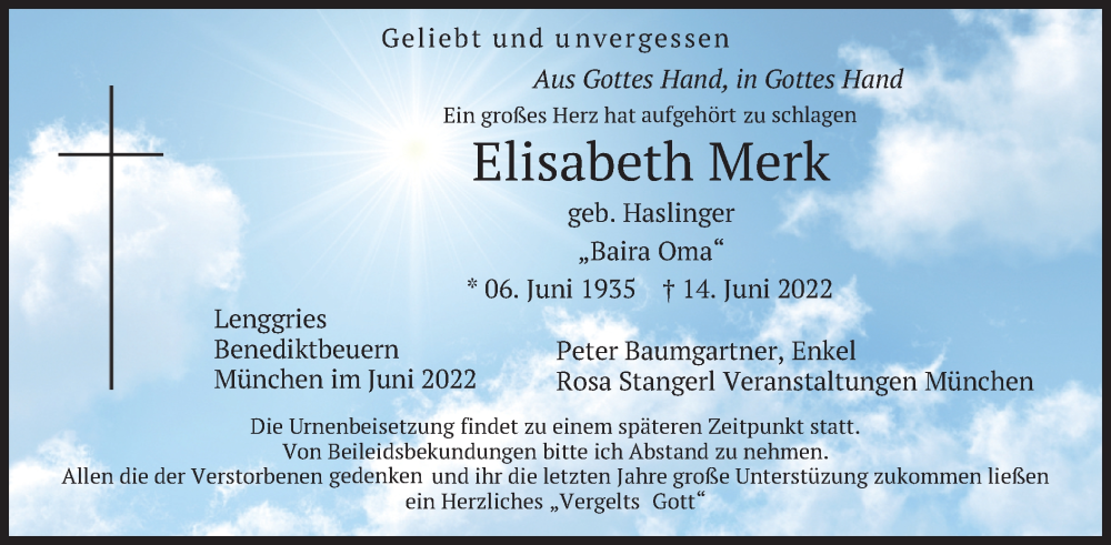  Traueranzeige für Elisabeth Maria Merk vom 17.06.2022 aus merkurtz