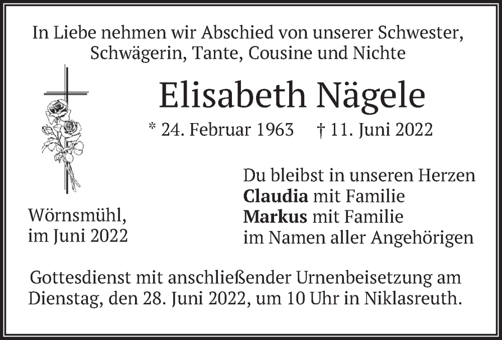  Traueranzeige für Elisabeth Nägele vom 25.06.2022 aus merkurtz