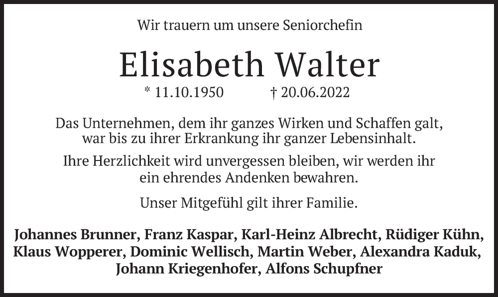  Traueranzeige für Elisabeth Walter vom 22.06.2022 aus merkurtz