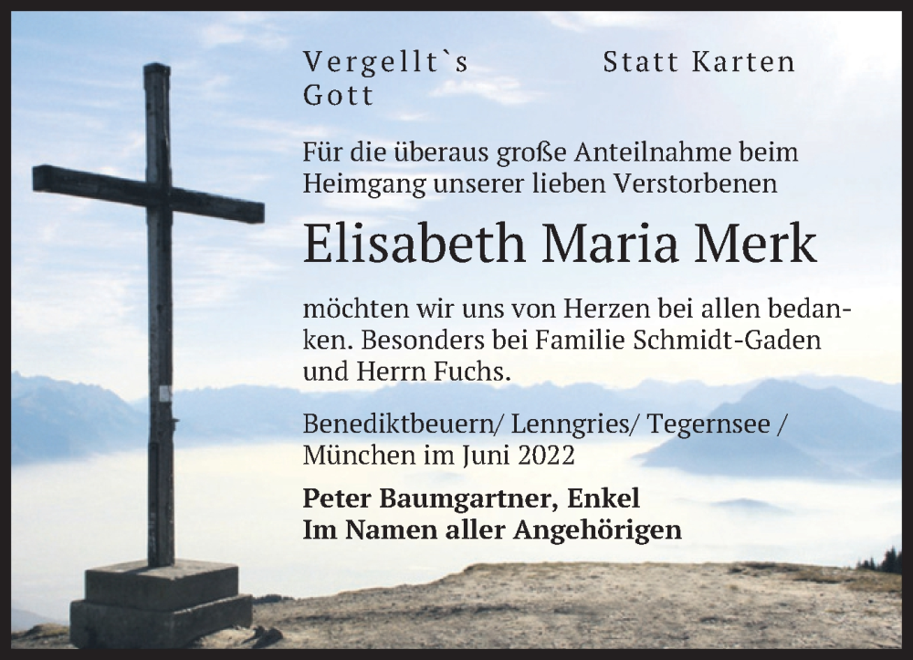  Traueranzeige für Elisabeth Maria Merk vom 29.06.2022 aus merkurtz