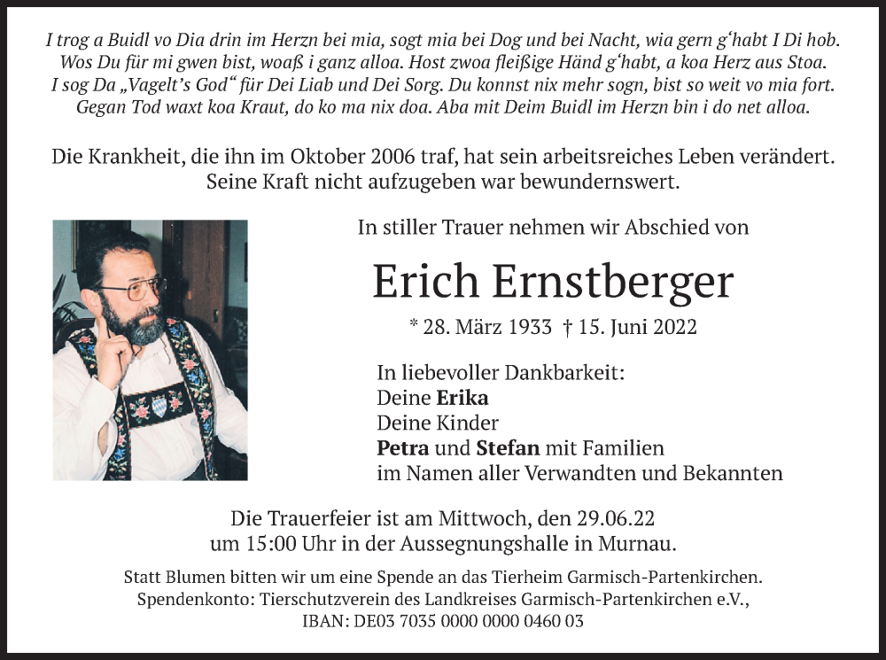  Traueranzeige für Erich Ernstberger vom 25.06.2022 aus merkurtz