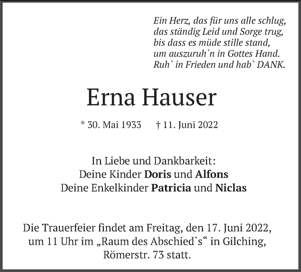  Traueranzeige für Erna Hauser vom 14.06.2022 aus merkurtz