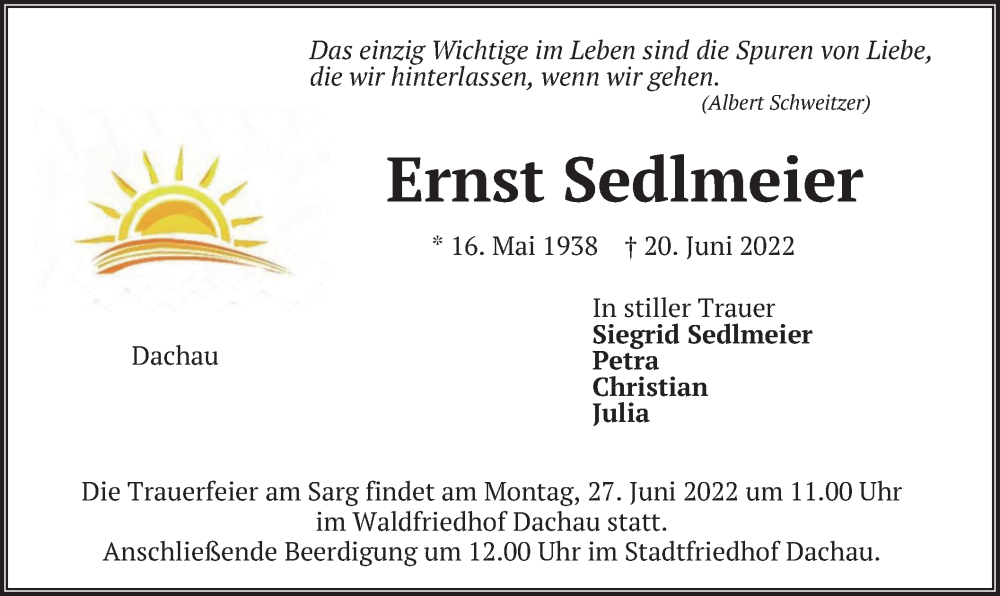  Traueranzeige für Ernst Sedlmeier vom 23.06.2022 aus merkurtz