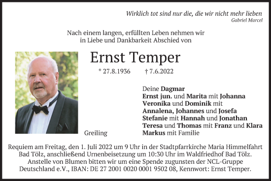 Traueranzeige von Ernst Temper von merkurtz