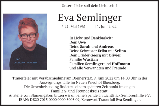 Traueranzeige von Eva Semlinger von merkurtz
