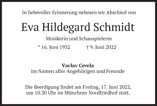 Traueranzeige von Eva Hildegard Schmidt von merkurtz
