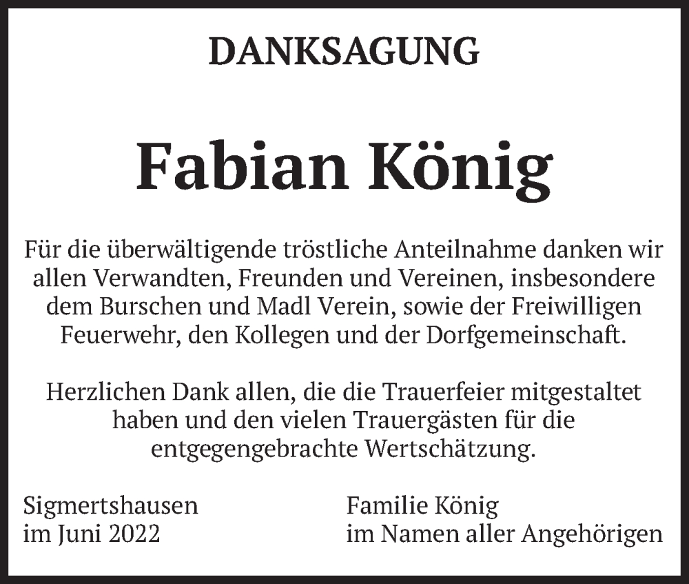  Traueranzeige für Fabian König vom 04.06.2022 aus merkurtz