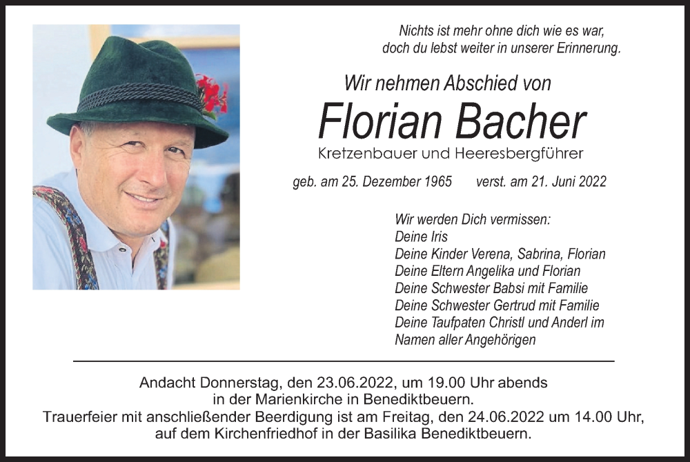  Traueranzeige für Florian Bacher vom 24.06.2022 aus merkurtz