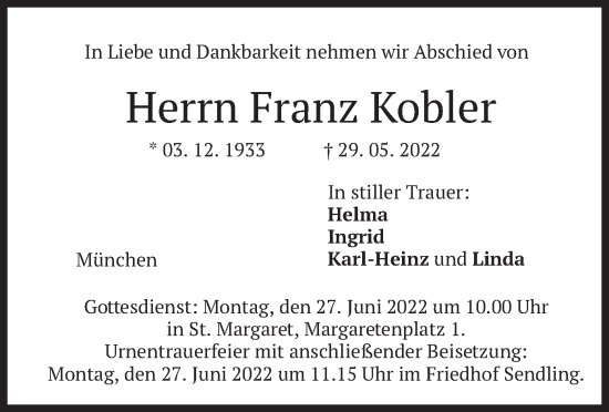 Traueranzeige von Franz Kobler von merkurtz