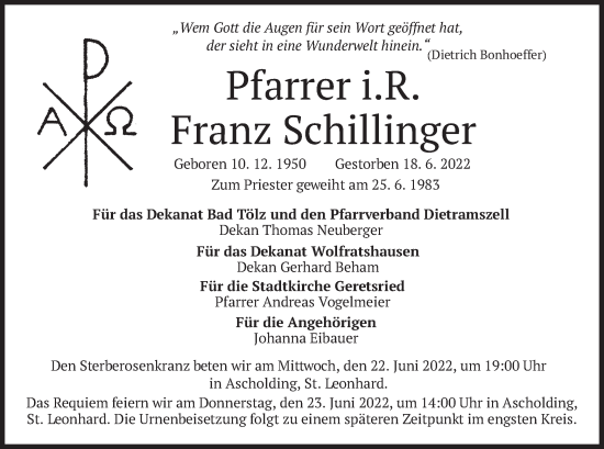 Traueranzeige von Franz Schillinger von merkurtz