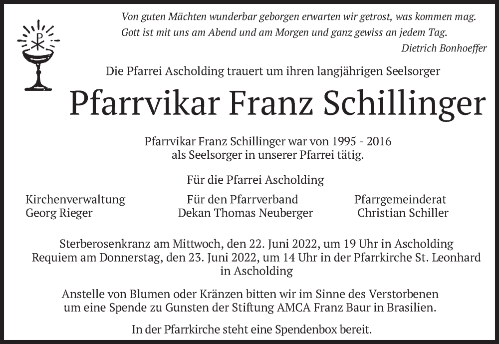  Traueranzeige für Franz Schillinger vom 22.06.2022 aus merkurtz