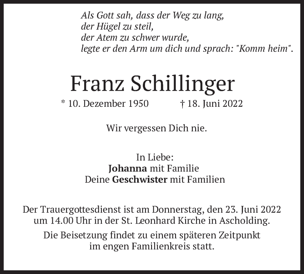  Traueranzeige für Franz Schillinger vom 22.06.2022 aus merkurtz