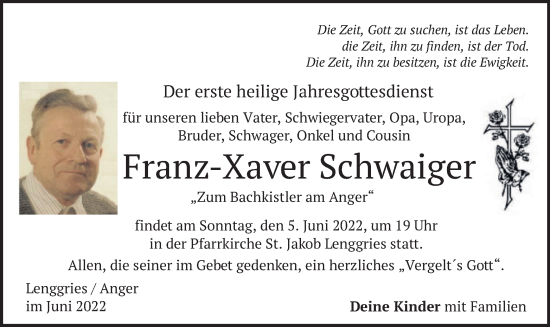 Traueranzeige von Franz-Xaver Schwaiger von merkurtz