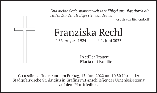 Traueranzeige von Franziska Rechl von merkurtz