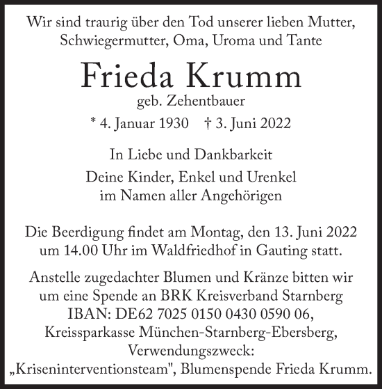 Traueranzeige von Frieda Krumm von merkurtz