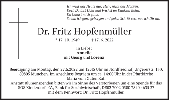 Traueranzeige von Fritz Hopfenmüller von merkurtz