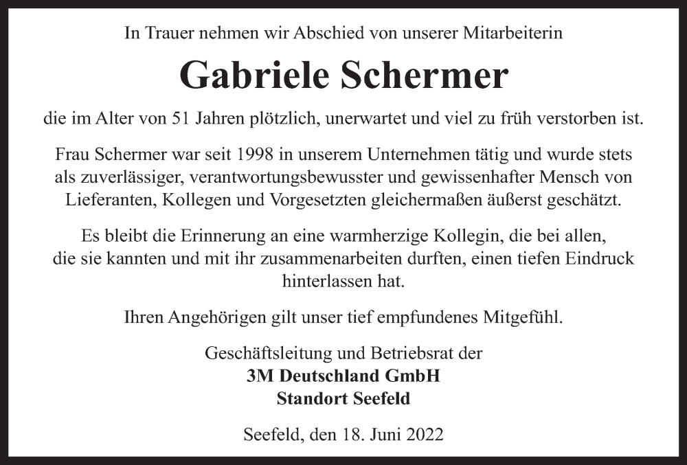  Traueranzeige für Gabriele Schermer vom 18.06.2022 aus merkurtz