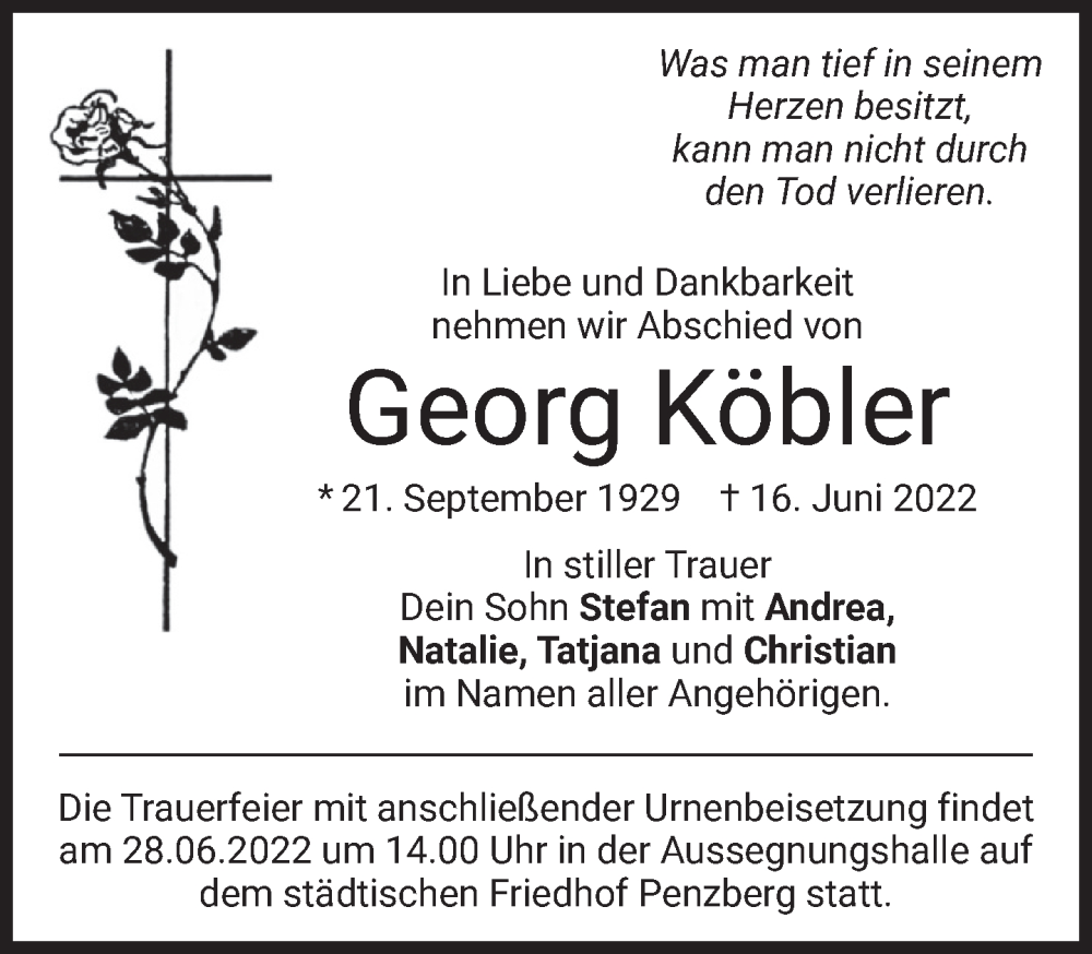  Traueranzeige für Georg Köbler vom 25.06.2022 aus Das Gelbe Blatt Penzberg