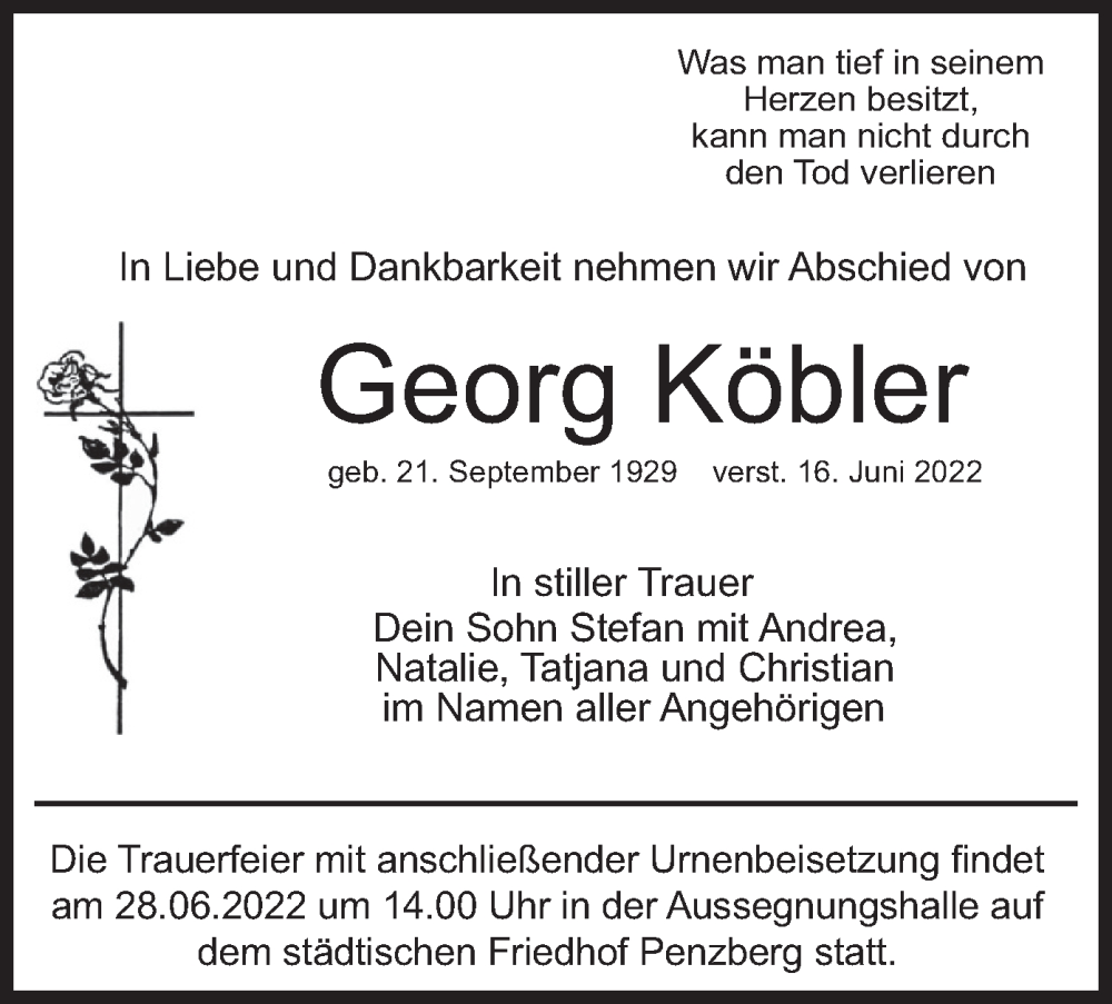  Traueranzeige für Georg Köbler vom 24.06.2022 aus merkurtz