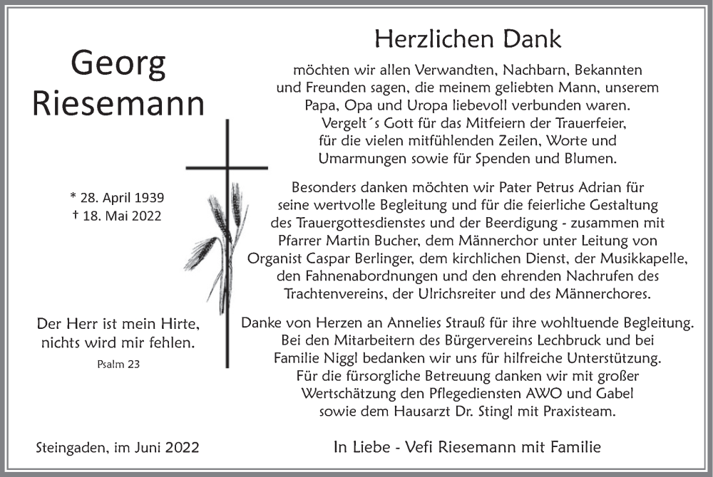  Traueranzeige für Georg Riesemann vom 03.06.2022 aus merkurtz