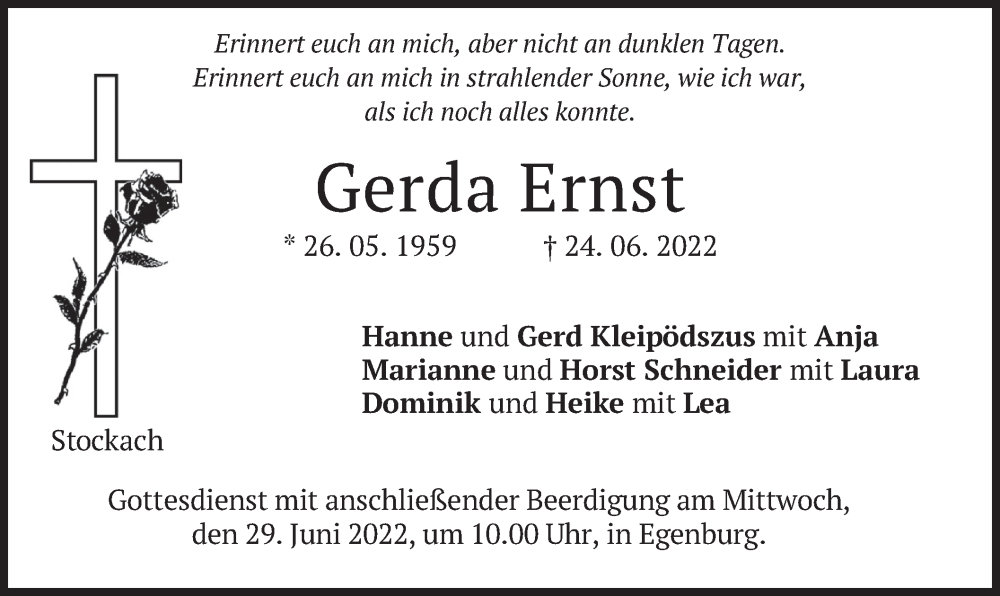  Traueranzeige für Gerda Ernst vom 28.06.2022 aus merkurtz