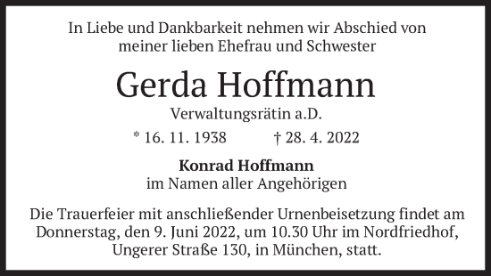 Traueranzeige von Gerda Hoffmann von merkurtz