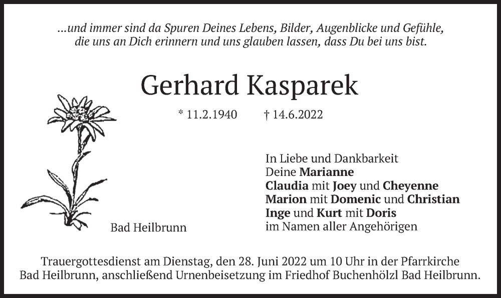  Traueranzeige für Gerhard Kasparek vom 25.06.2022 aus merkurtz