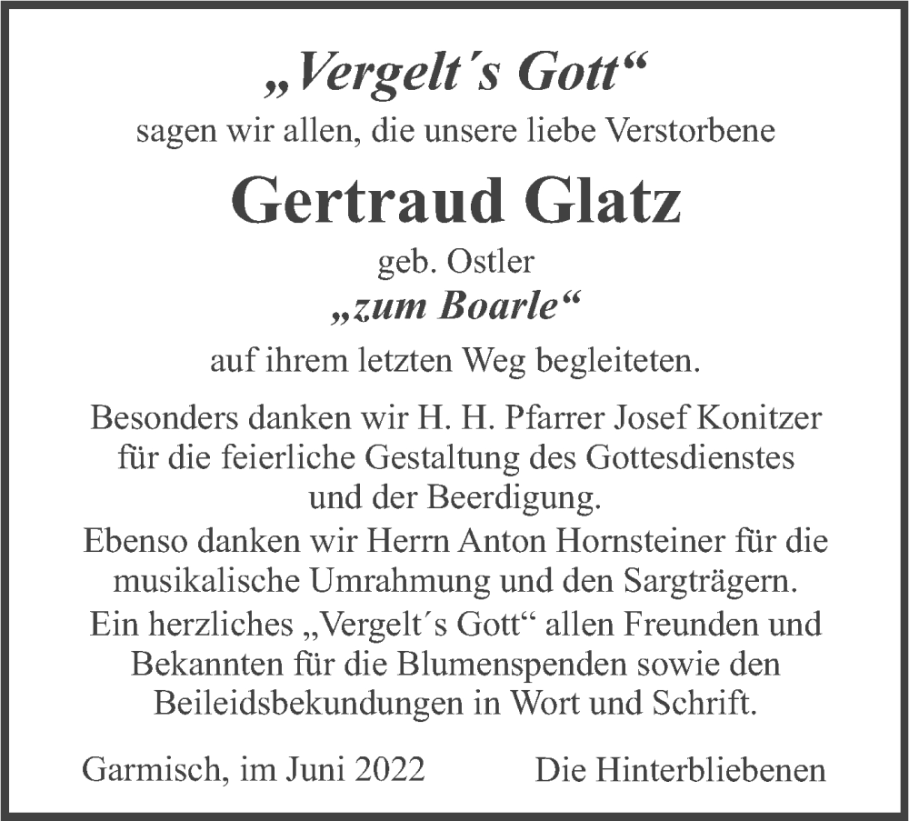  Traueranzeige für Gertraud Glatz vom 25.06.2022 aus merkurtz