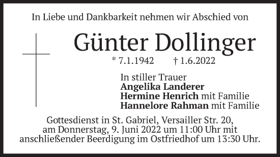Traueranzeige von Günter Dollinger von merkurtz