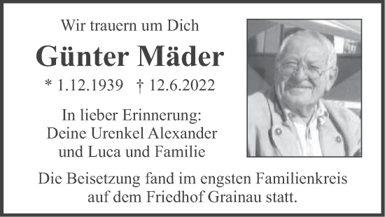 Traueranzeige von Günter Mäder von merkurtz