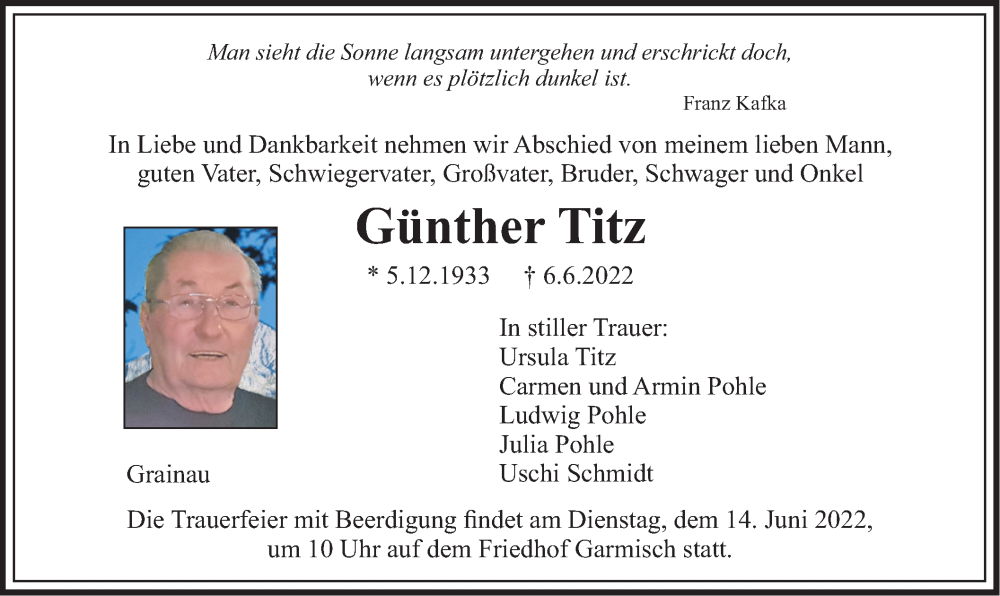 Traueranzeigen von Günther Titz | trauer.merkur.de