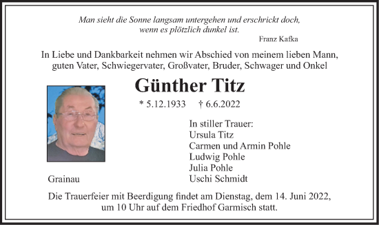 Traueranzeige von Günther Titz von merkurtz