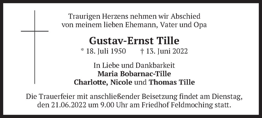  Traueranzeige für Gustav-Ernst Tille vom 17.06.2022 aus merkurtz