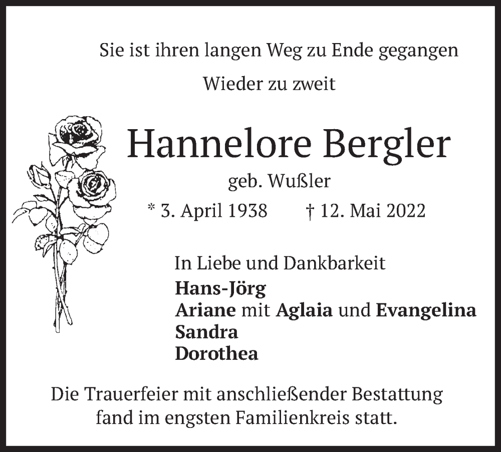  Traueranzeige für Hannelore Bergler vom 18.06.2022 aus merkurtz