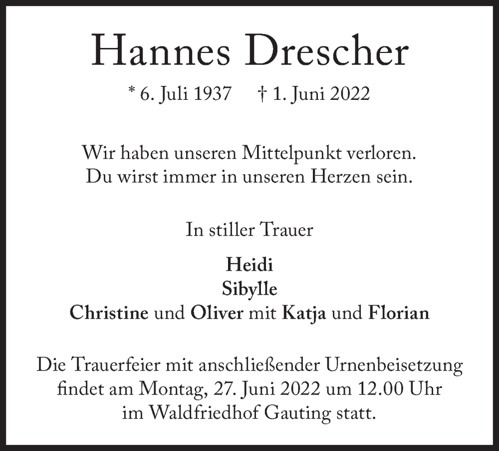  Traueranzeige für Hannes Drescher vom 18.06.2022 aus merkurtz