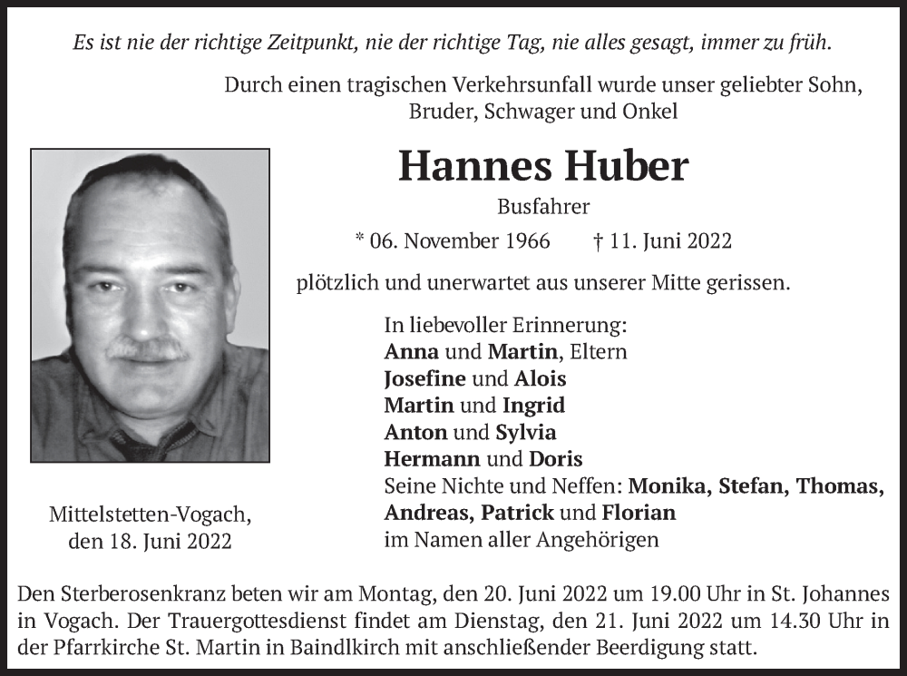  Traueranzeige für Hannes Huber vom 18.06.2022 aus merkurtz