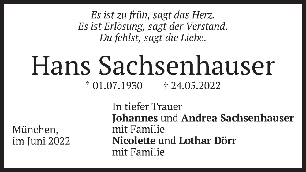  Traueranzeige für Hans Sachsenhauser vom 04.06.2022 aus merkurtz