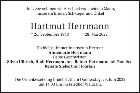 Traueranzeige von Hartmut Herrmann von merkurtz