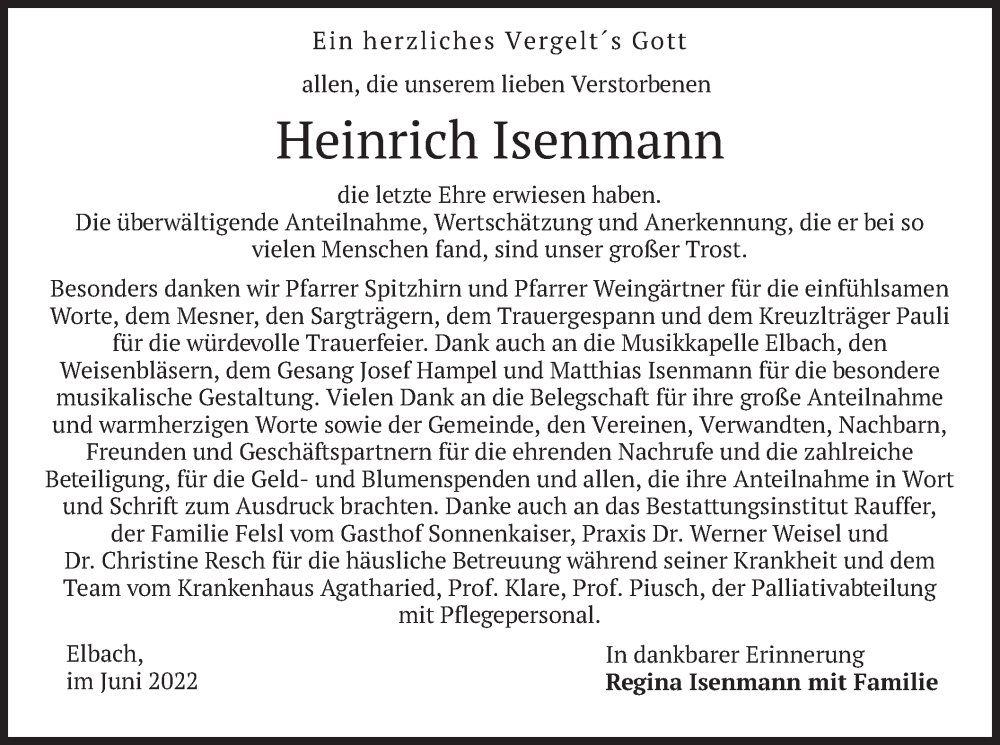  Traueranzeige für Heinrich Isenmann vom 11.06.2022 aus merkurtz
