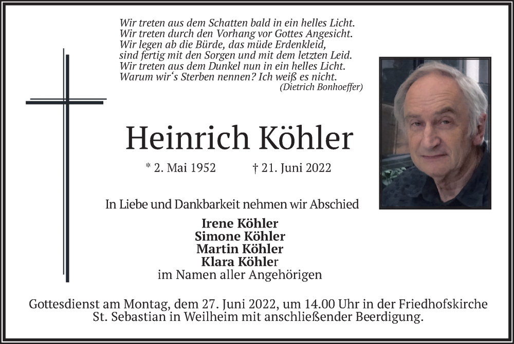  Traueranzeige für Heinrich Köhler vom 24.06.2022 aus merkurtz