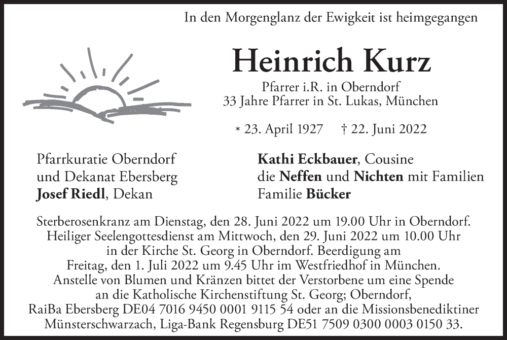  Traueranzeige für Heinrich Kurz vom 25.06.2022 aus merkurtz