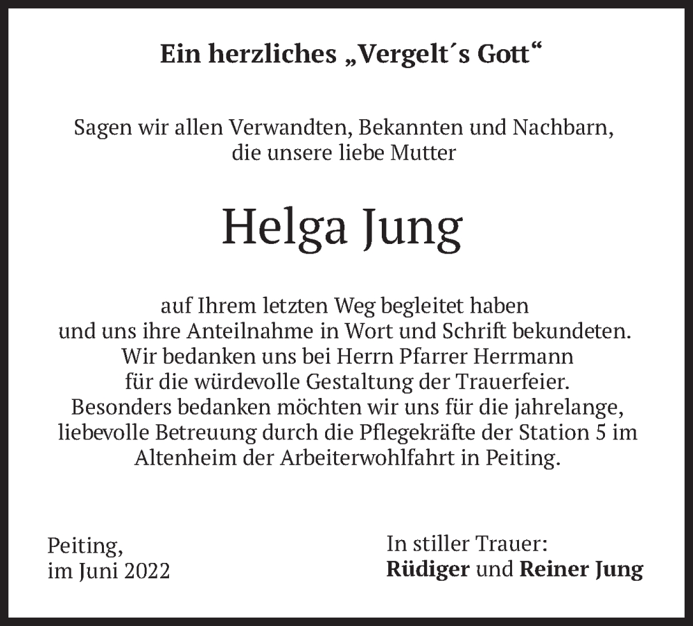  Traueranzeige für Helga Jung vom 04.06.2022 aus merkurtz