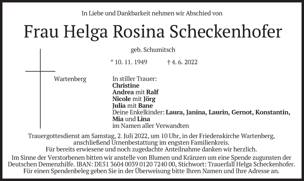  Traueranzeige für Helga Rosina Scheckenhofer vom 25.06.2022 aus merkurtz