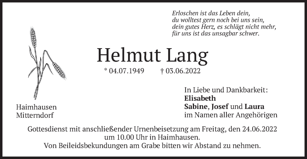  Traueranzeige für Helmut Lang vom 21.06.2022 aus merkurtz