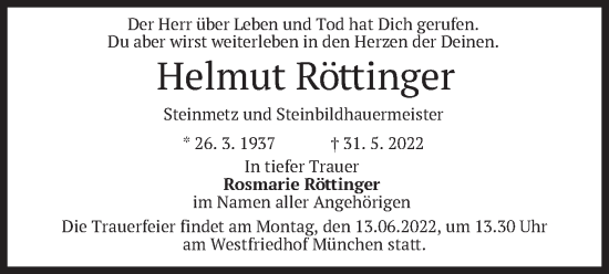 Traueranzeige von Helmut Röttinger von merkurtz
